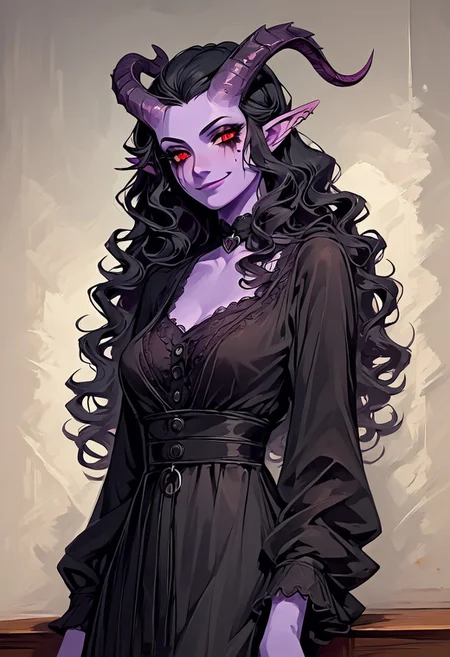 score_9, score_8_up, score_7_up 
((1 girl, 1woman, black horns, tiefling, succubus, (((purple skin))), long black wavy hair, horns, 2 horns, goth, concept art, oil painting,black hair, goth, goth girl elf eyers, pointy eyers, goth makeup, heavy makeup, makeup, runny makeup), 
looking seductive, smile, smirk, red eyes, smug, high quality eyes,  long hair, curly hair, wavy hair, clevage, standing, black lace dress, dress, lace, toga, robe