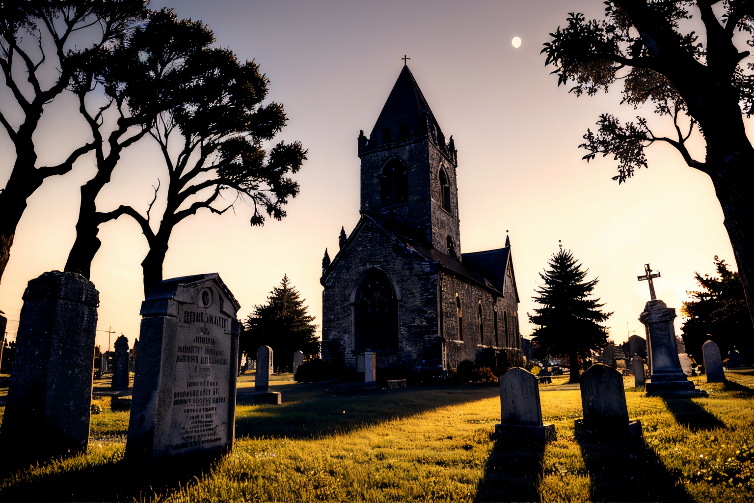 (Realisitc:1.5) EdobChurchCemeteryCreepyNight church a cemetery, black sky, in the dark, with a full moon in the background <lora:EdobChurchCemeteryCreepyNight_v1.0:0.8>