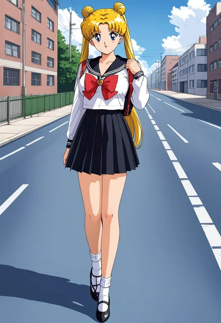 retro art style, solo, Tsukino Usagi, 1 girl, blue eyes, detailed pupila, parted bangs, long hair, blonde hair, two pigtails, double buns, very long hair, big breasts, (serafuku, school uniform, black skirt, skirt, pleated skirt, black sailor collar, sailor collar, bow, ribbon, white blouse, blouse with long sleeves, white socks, black footwear, shoes), full body, holding backpack, looking at viewer,  street background