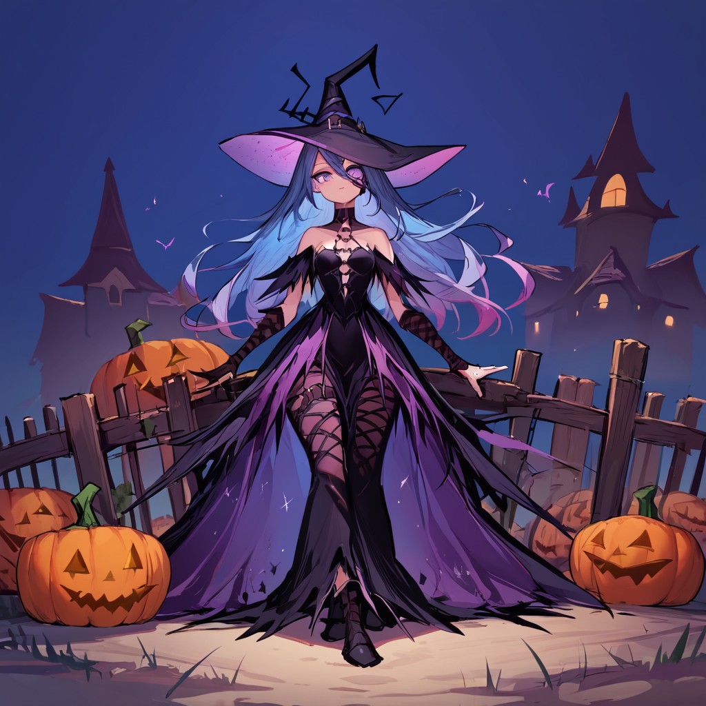 score_9, score_8_up, score_7_up, score_9, score_8_up, score_7_up, simple background,sketch style, 1girl, witch outfit, witch hat, flowing black clothes, ethereal skirt, bug purple eyes, full body shot, pumpkin patch, picket fence, midnight, night