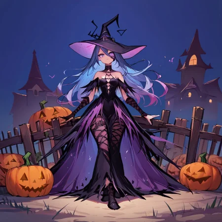 score_9, score_8_up, score_7_up, score_9, score_8_up, score_7_up, simple background,sketch style, 1girl, witch outfit, witch hat, flowing black clothes, ethereal skirt, bug purple eyes, full body shot, pumpkin patch, picket fence, midnight, night