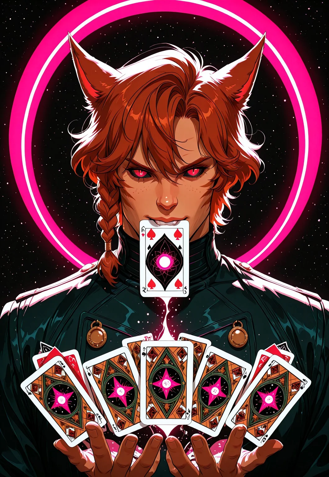 masterpiece, very aesthetic, best quality, absurdres, newest, SMN0UV34UDSK, art nouveau, R3MYL3BEAU, miqo'te, animal ears, cat ears, solo, red eyes, colored sclera, black sclera, short hair, auburn hair, 1boy, male focus, looking at viewer, slit pupils, whisker markings, upper body, single braid, mouth hold, playing cards, card, glowing, black space, flowers, arc en ciel , negative space, belle époque, jugendstil, secession, liberty, guimard, mucha, klimt, fin de siècle, anime screencap, retro art style, flat color,