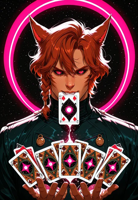 masterpiece, very aesthetic, best quality, absurdres, newest, SMN0UV34UDSK, art nouveau, R3MYL3BEAU, miqo'te, animal ears, cat ears, solo, red eyes, colored sclera, black sclera, short hair, auburn hair,  1boy, male focus, looking at viewer, slit pupils, whisker markings, upper body, single braid, mouth hold, playing cards, card, glowing, black space, flowers, arc en ciel , negative space,  belle époque, jugendstil, secession, liberty, guimard, mucha, klimt, fin de siècle, anime screencap, retro art style, flat color, 