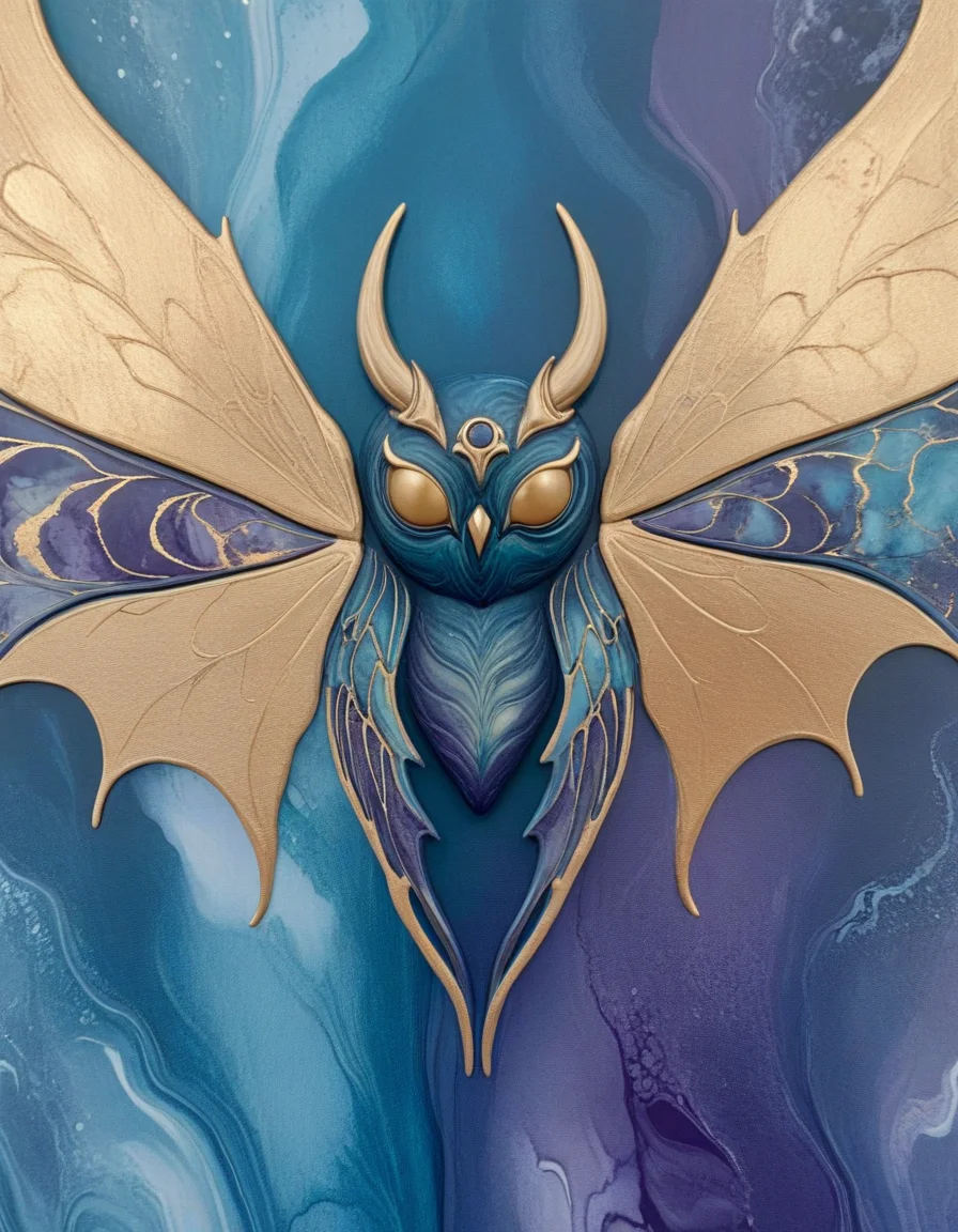 novuschroma86 style mothman in gold, dark midnight blue, dark purple, dark teal, marbled paint <lora:novuschroma86 style_blue:1>