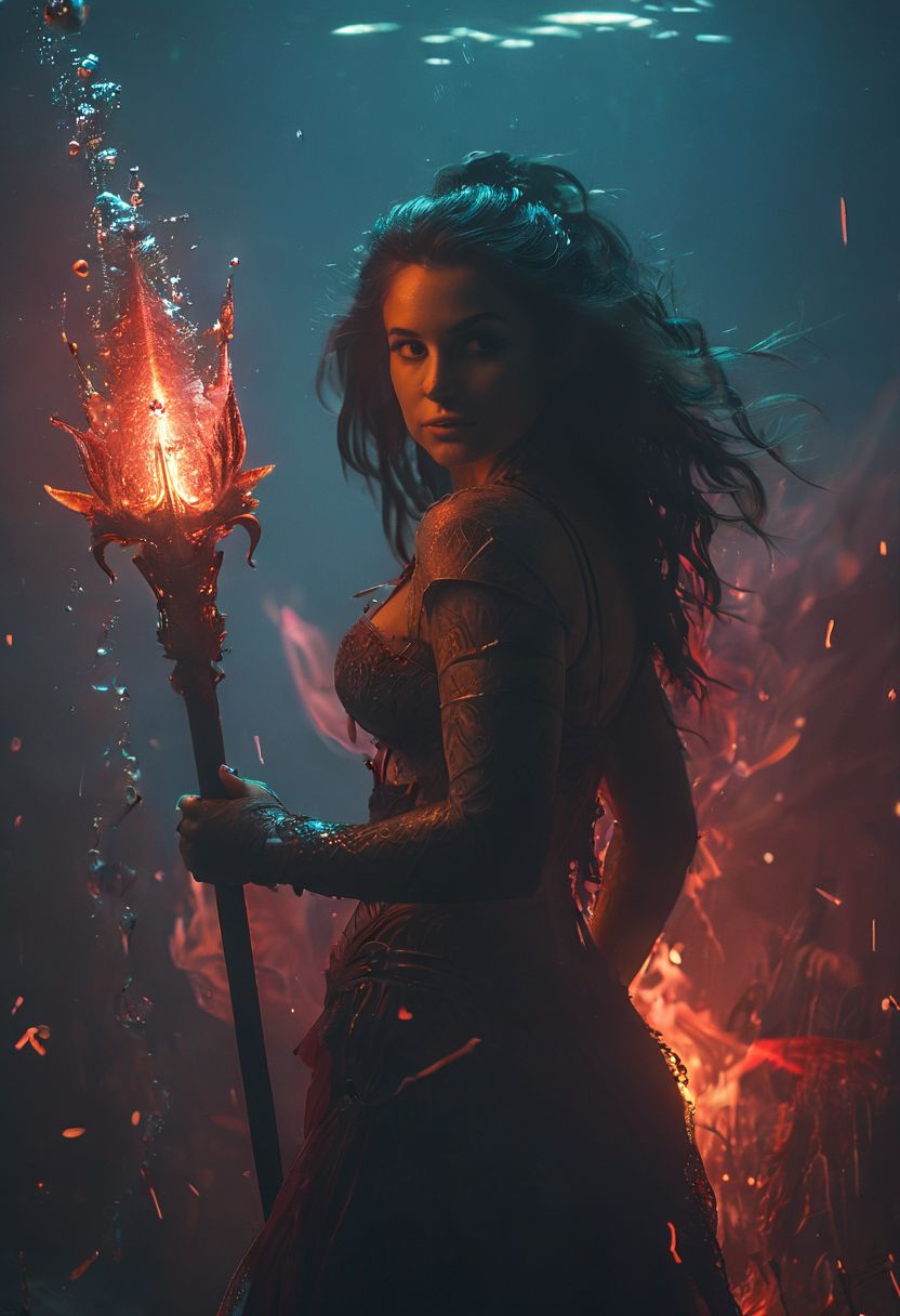 Bosstyle, underwater In deep sea, A busty adult brunette blushed lightly Smiling pureerosface_v1 Mermaid holding Blue water spear, Long DARK fishtail, thin face, Freckles, infront of a giant fmb fire Red Anglerfish, Overgrown, mystic, ethereal, darkness, 
atmospheric haze, Film grain, cinematic film still, shallow depth of field, highly detailed, high budget, cinemascope, moody, epic, OverallDetail, 2000s vintage RAW photo, photorealistic, candid camera, color graded cinematic, eye catchlights, atmospheric lighting, imperfections, natural, shallow dof
