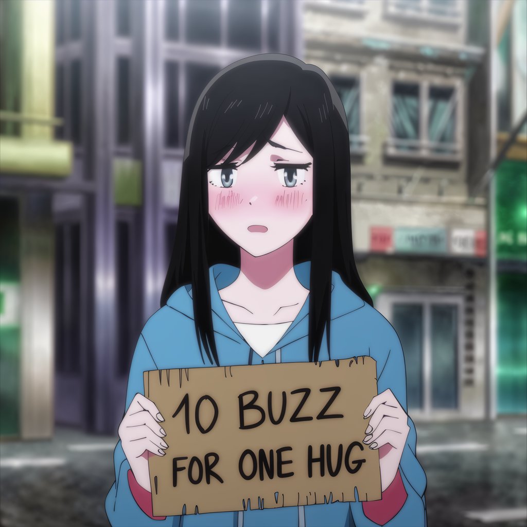 ((masterpiece)), best quality, ultra-detailed, a woman in casual clothing ((holding a cardboard that reads "10 buzz for one hug".)), anime style, 1girl, long black hair, embarrassed, blushing, shy look, looking at the viewer