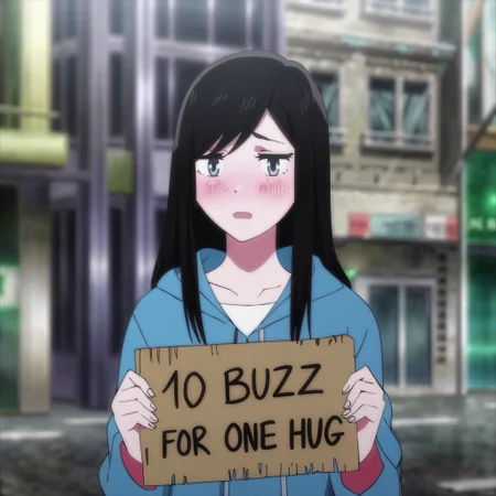 ((masterpiece)), best quality, ultra-detailed, a woman in casual clothing ((holding a cardboard that reads "10 buzz for one hug".)), anime style, 1girl, long black hair, embarrassed, blushing, shy look, looking at the viewer