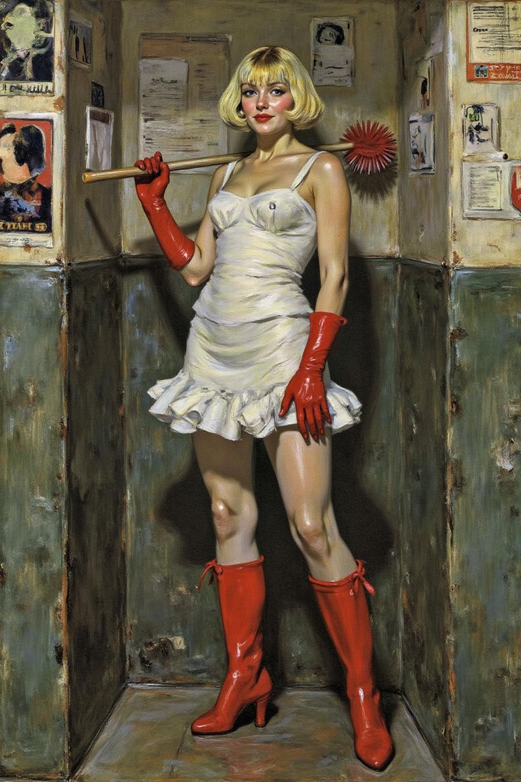 lautrec1 painting
A slim Swedish woman stands confidently in a small, dingy restroom. She platinum blonde bob haircut and a fringe bangs. She is wrapped in rolls of white bandages like a mini dress, and wear bright red rubber gloves and matching boots. She holds a large toilet brush with a playful smile, juxtaposing glamour with an unexpected setting. The surrounding walls, adorned with worn posters, add a gritty, urban edge to the surreal, fashion-forward scene. <lora:lautrec4_nocap_d6a3:1.0><lora:813629993428023500:0>