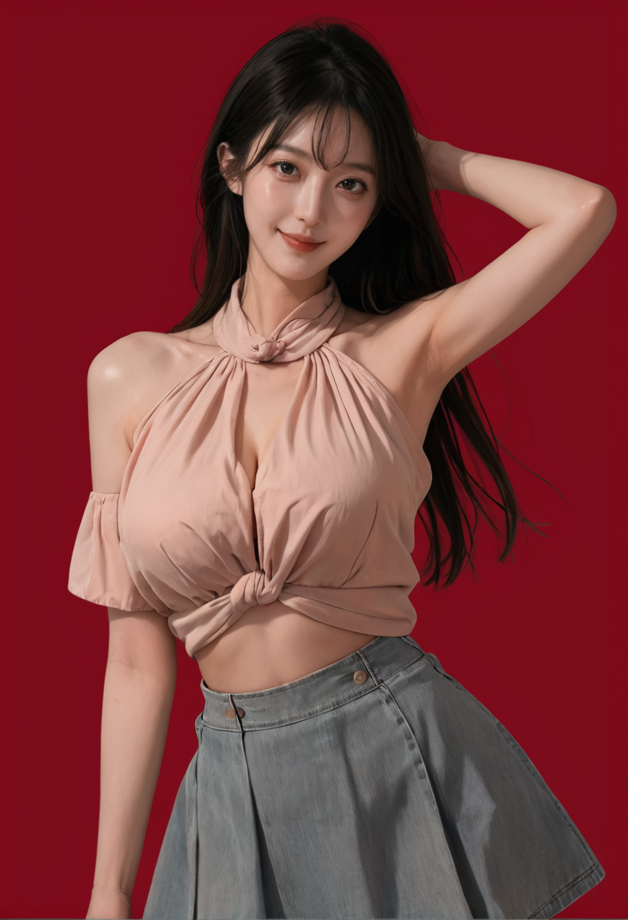 1girl,red background,,ruanyi1008,crop top,bare shoulders,apricot shirt,skirt,cowboy shot,thigh gap,cleavage cutout,<lora:1008 Home wear 29_v1_pony:1>, score_9, score_8_up, score_7_up, score_6_up, score_9, score_8_up, score_7_up, score_6_up source_anime, blush, 1girl, seduce smile, perfect body , natural huge breasts
