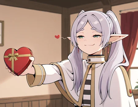 1girl, solo,  grey hair, long hair, green eyes, twintails, parted bangs, earrings, pointy ears, FrierenCasual,  striped shirt, white capelet, white sleeves, you can just give this kind of thing to men and they will be thrilled (meme), smug, holding a heart-shaped chocolate box,  upper body, <lora:SousouNoFrieren_Frieren_IlluXL:1> <lora:you_can_just_give_this_kind_of_thing_to_men_and_they_will_be_thrilled_meme:1>, best quality, indoors, chest from behind, 
 <lora:hand 5.5:1>