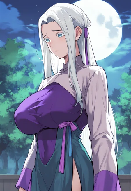score_9, score_8_up, score_7_up, score_6_up, source_anime, rating_explicit, 1girl, solo, huge breasts,<lora:Tang Yue'er prefectPonyxl:0.85> long hair, white hair, blue eyes, hair tube, grey eyes, black eyebrows, colored eyelashes, parted bangs, chinese clothes, white shrug \(clothing\), vietnamese dress, purple dress, long sleeves, purple ribbon, green skirt, sad, forest, (night:1.1), dark, full moon, indoors