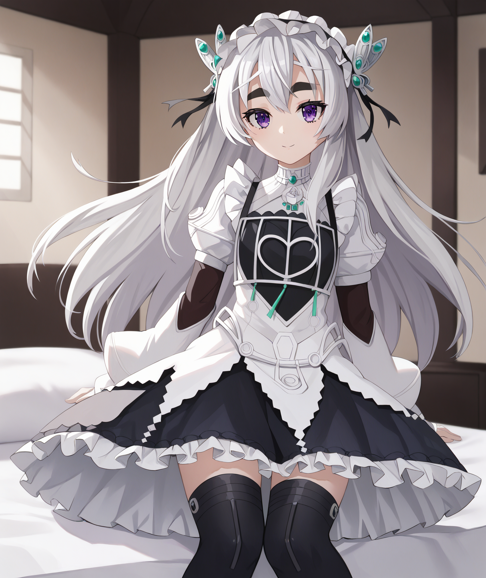 score_9, score_8_up, best quality, masterpiece, 2d, intricate details, official style, anime, 4k, anime style, beautiful face,
1girl, solo, female, long hair, purple eyes, thick eyebrows, white hair, grey hair, hair ornament,
long sleeves, dress, thighhighs, frills, hairband, puffy sleeves, black thighhighs,
indoors, inside, bed, bed sheet, bedroom, foreshortening, looking at viewer,  cowboy shot, <lora:Chaika1024_Pony:1>, chaika trabant,