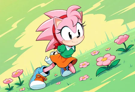 masterpiece, best quality, amazing quality, dynamic angle, dutch angle, abstract background, BREAK, ClassicAmyRose, 1girl, sonic the hedgehog, pink spiky hair, pink fur, peach muzzle, large black eyes, red headband, green, short puffy sleeved shirt, white collar, orange skirt, white gloves, blue shoes, orange shoelaces, short body, Both Hands behind back, Flowers on the ground, Light Smile, Looking at the Ground,