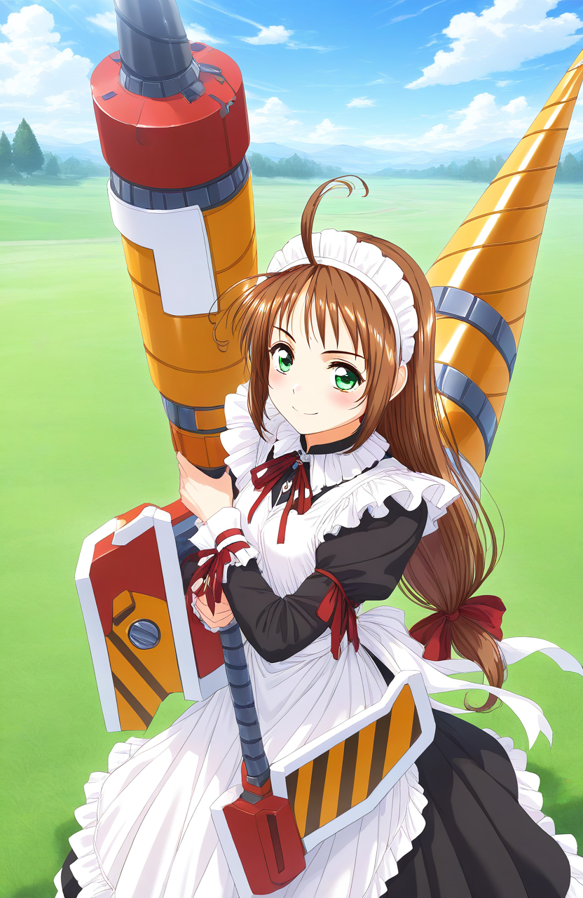 general,highres, game cg, ultra-detailed,very aesthetic,best quality ,best hands,  BREAK  <lora:Spiral_Nami_IS:1>drii_nami, solo, brown hair, green eyes, drill,  polearm, maid apron, maid headdress, weapon, ahoge, ribbon, maid, long hair, low-tied long hair,
smile,looking at viewer, cowboy_Shot,
day, grass, sky,
