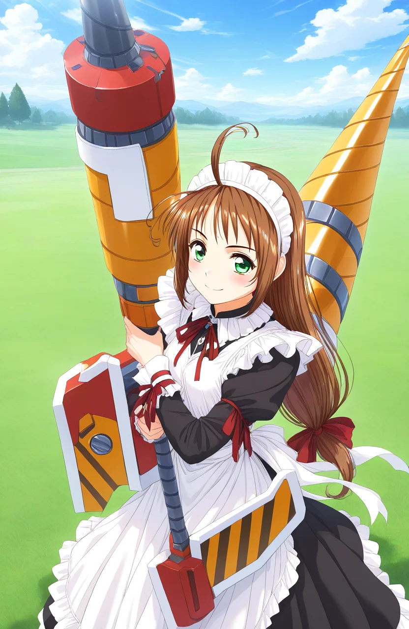 general,highres, game cg, ultra-detailed,very aesthetic,best quality ,best hands,  BREAK  <lora:Spiral_Nami_IS:1>drii_nami, solo, brown hair, green eyes, drill,  polearm, maid apron, maid headdress, weapon, ahoge, ribbon, maid, long hair, low-tied long hair,
smile,looking at viewer, cowboy_Shot,
day, grass, sky,