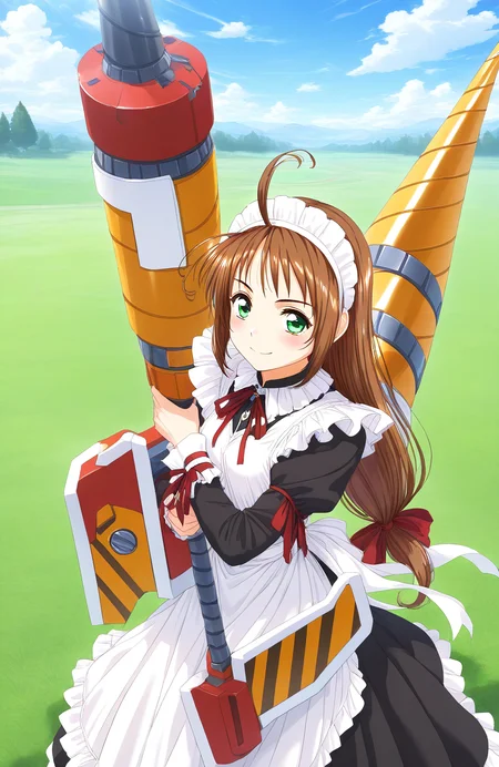 general,highres, game cg, ultra-detailed,very aesthetic,best quality ,best hands, BREAK <lora:Spiral_Nami_IS:1>drii_nami, solo, brown hair, green eyes, drill, polearm, maid apron, maid headdress, weapon, ahoge, ribbon, maid, long hair, low-tied long hair,
smile,looking at viewer, cowboy_Shot,
day, grass, sky,