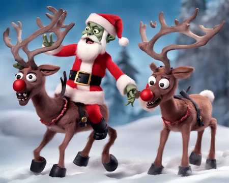 Zombie Santa riding with a demon reindeer ClaymationX  <lora:SDXL-ClaymationX-Lora-000002:0.8>