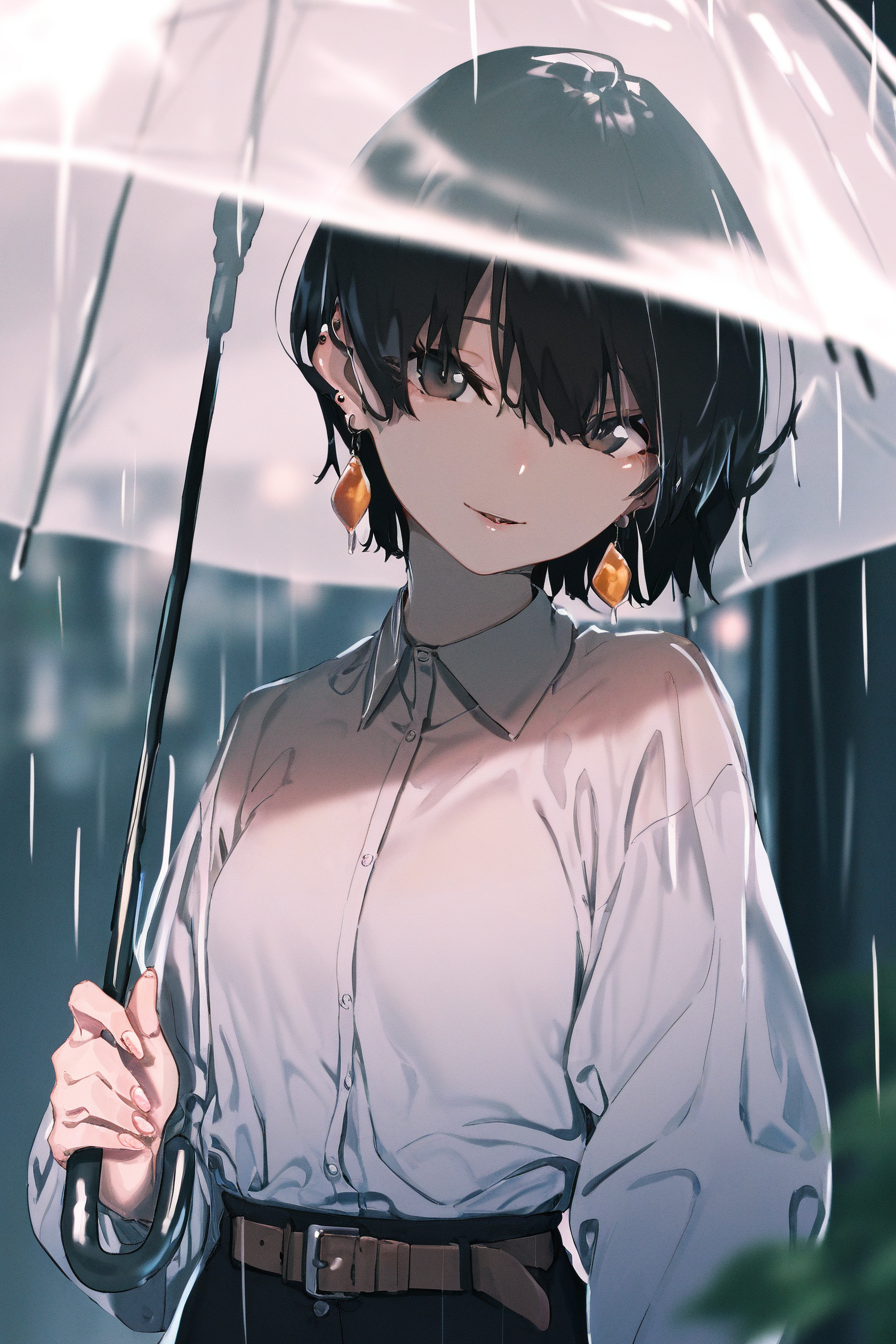 1girl, umbrella, solo, rain, short hair, black hair, holding umbrella, holding, belt, looking at viewer, transparent, transparent umbrella, brown eyes, shirt, jewelry, upper body, collared shirt, head tilt, earrings, smile, hair between eyes, blurry, black eyes, fingernails, white shirt, ear piercing, parted lips, long sleeves,
masterpiece,best quality,absurdes,aesthetic,highres,