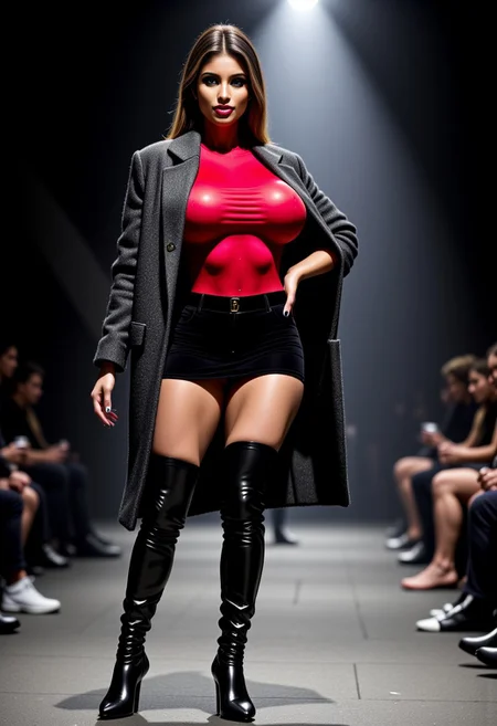 The woman stands tall with one hand on her hip, her figure accentuated by a bright red, form-fitting bodysuit and a black velvet mini skirt. Thigh-high, glossy black boots complement her bold look. She wears a long, woolen coat in charcoal, hanging loosely off her shoulders. Her dark, sleek hair is pulled into a low, tight ponytail, with delicate strands framing her face. Her expression is intense, her eyes locking with the camera, lips curved in a subtle, provocative smile. The lighting is sharp, creating stark contrasts that highlight her outfit and give the scene a chic, runway-worthy feel. The camera captures her full figure at a three-quarter angle.