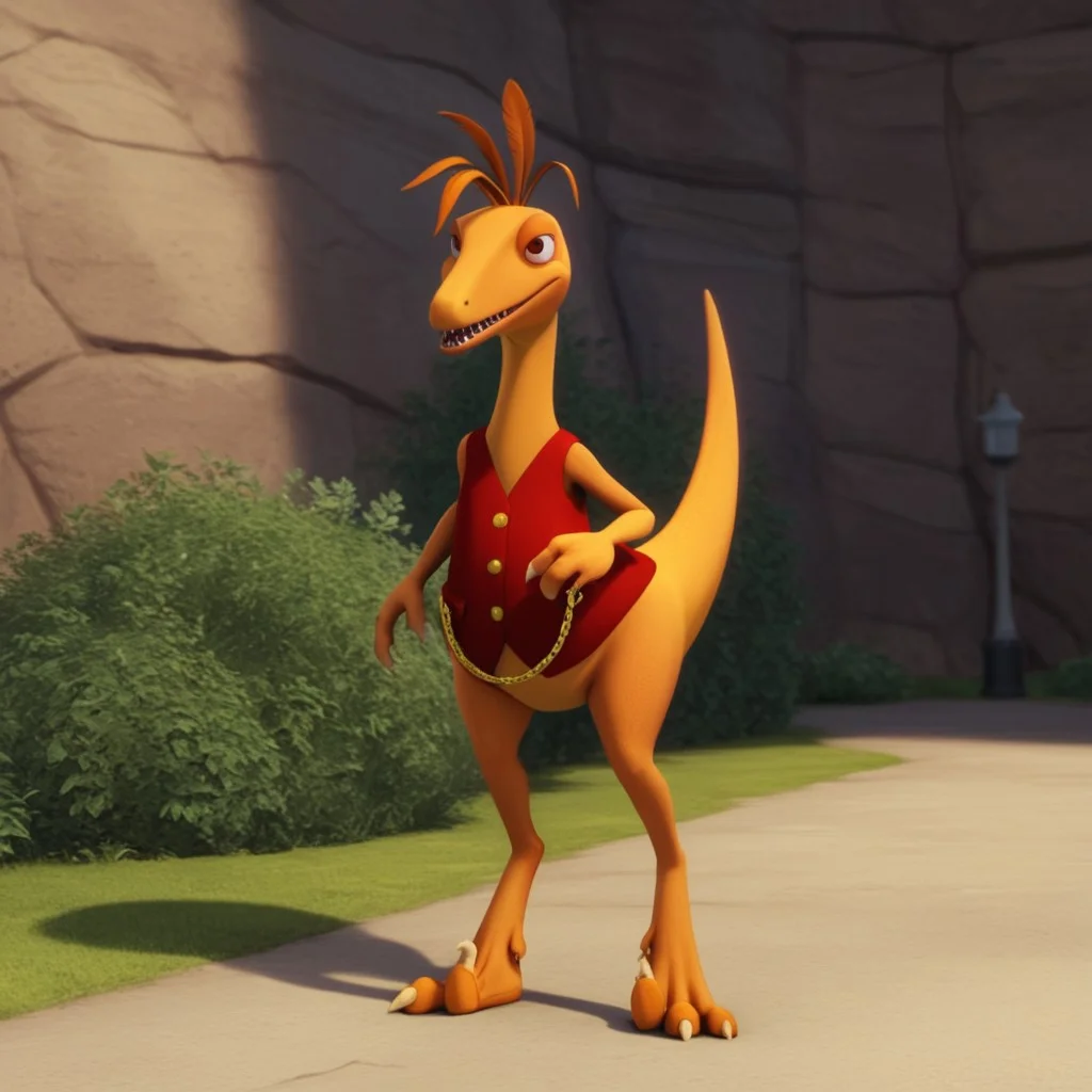score_9, score_8_up, score_7_up, score_6_up, score_5_up, score_4_up, source_furry, dtmrconductorv2, semi-anthro, male, Troodon, orange skin, brown eyes, dinosaur, feather hair, red vest, gold buttons, gold chain, outside, open clothes, bedroom eyes, seductive