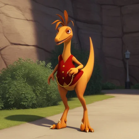 score_9, score_8_up, score_7_up, score_6_up, score_5_up, score_4_up, source_furry, dtmrconductorv2, semi-anthro, male, Troodon, orange skin, brown eyes, dinosaur, feather hair, red vest, gold buttons, gold chain, outside, open clothes, bedroom eyes, seductive