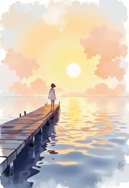 Imagine a Watercolor painting, depicting a girl on a pier bathed in the light of a setting sun. Employ translucent washes of color to create a dreamy, ethereal quality. Let the pigments blend and flow naturally, emphasizing the soft edges and delicate textures. The scene should evoke a feeling of quiet reflection and gentle melancholy. ,<lora:flux/fav/Greg Rutkowski.safetensors:1.0:1.0>