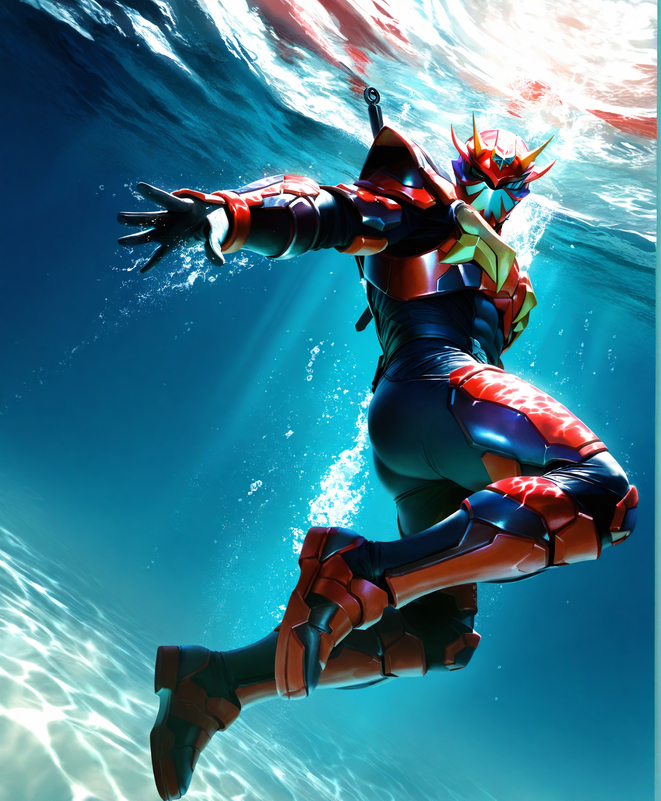 realistic shading,looking at viewer,<lora:Hibiki:0.7>,1boy,armor,helmet,male focus,solo,Hibiki,manly,dynamic angle,realistic,manly,masterpiece,best quality,imposing,dynamic angle,intricately detailed illustration,masterpiece,best quality,amazing quality,very aesthetic,absurdres,newest,full body,floating,natural lighting,man submerged underwater,, score _9,score_8_up, score_7_up,source_anime,rating_explicit,