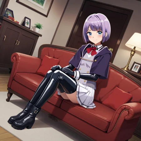 masterpiece, best quality, score_9, score_8_up, score_7_up, full body, 1 girl, looking at viewer, cowboy shot, dutch angle, indoors, sitting on couch, living room, night, blush, smile, mabelcrane, blue eyes, purple hair, short hair, latex school uniform, latex capelet, latex thighhighs, white latex thighhighs, pleated latex skirt, long latex sleeves, latex miniskirt, bangs, buttons, black latex gloves, black latex ankle boots, flat boots