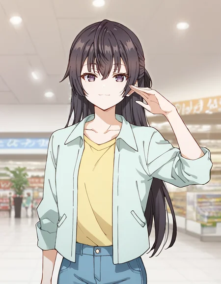 score_9, score_8_up, score_7_up, source_anime,
1girl, solo, looking at viewer, indoors, shopping mall, shops, blurry background, standing, light smile, two finger salute,
yuki suou, black hair, long hair, half updo, hair between eyes, purple eyes
date outfit, collarbone, green jacket, open clothes, yellow shirt, blue jeans,
<lora:yuki_suou_anime_v5-soralz:1>
