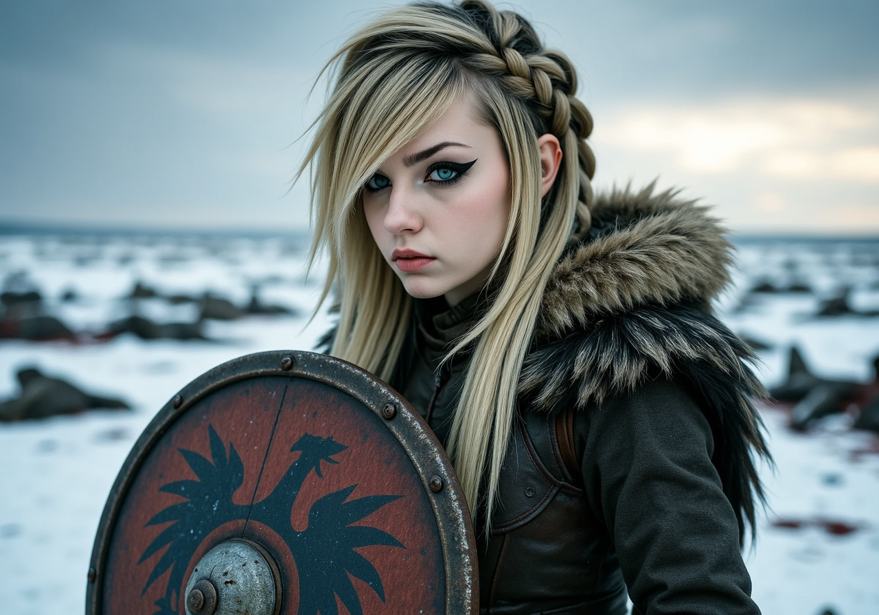 She has a distinctive 2000s scene/emo haircut: thick, sharply angled bangs that sweep across one eye, with long layered strands and long sidelocks that drape in front of her shoulders. Her eyes are framed by bold black winged eyeliner.A Norse shieldmaiden with icy blue eyes and sun-kissed blonde hair braided tightly into rows, her body draped in furs over a hardened leather cuirass, grips a large round shield painted with the emblem of her clan, standing knee-deep in the snow of a frozen battlefield, her breath visible in the frigid air as she surveys the aftermath of a brutal skirmish, the broken bodies of fallen warriors scattered around her, their blood staining the snow red, while the distant roar of a storm gathers on the horizon, the cold, salty scent of the nearby sea mingling with the iron tang of blood as she tightens her grip on the axe in her other hand.<lora:2000s_Scene_Emo_Hair.safetensors:1.0:1.0>