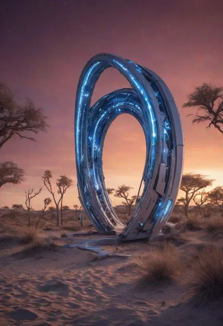 Expansive photograph, ((cyborg run trough portal to another dimension, futuristic, posthumanisnpunk, horror, precise details)), ((under a deep orange sky streaked with crimson and indigo hues), (the landscape stretches with rolling dunes of silver-grey sand interspersed with) (resilient megaflora, towering, bio-luminescent trees with metallic-sheen bark and translucent, blue-green leaves sway gently, illuminating the twilight with an ethereal glow)) , ((amidst the flora), (agile, quadrupedal cyborg organisms with sleek, silver exoskeletons reflecting the waning light), (with cybernetic-enhanced limbs and sensory arrays, they move with both organic grace and mechanical precision), (nearby, a patch of biotechnological crops grows, featuring robust stalks and oversized fruits, tended by small drone-like machines)), ((Artificial structures rise, intricate and harmonious with the environment), (these synthetic habitats blend organic curves and mechanical angles, built from advanced, self-healing materials) ,(they house genetic laboratories and energy harvesting units, glowing with soft blue lights)),
<<BREAK>> ((in the background, massive storm systems loom, lightning flickering within))
((an 8k, uhd, awardwinning photograph of the postanthropocene epoch)) , realisticvision-negative-embedding, epiCRealism