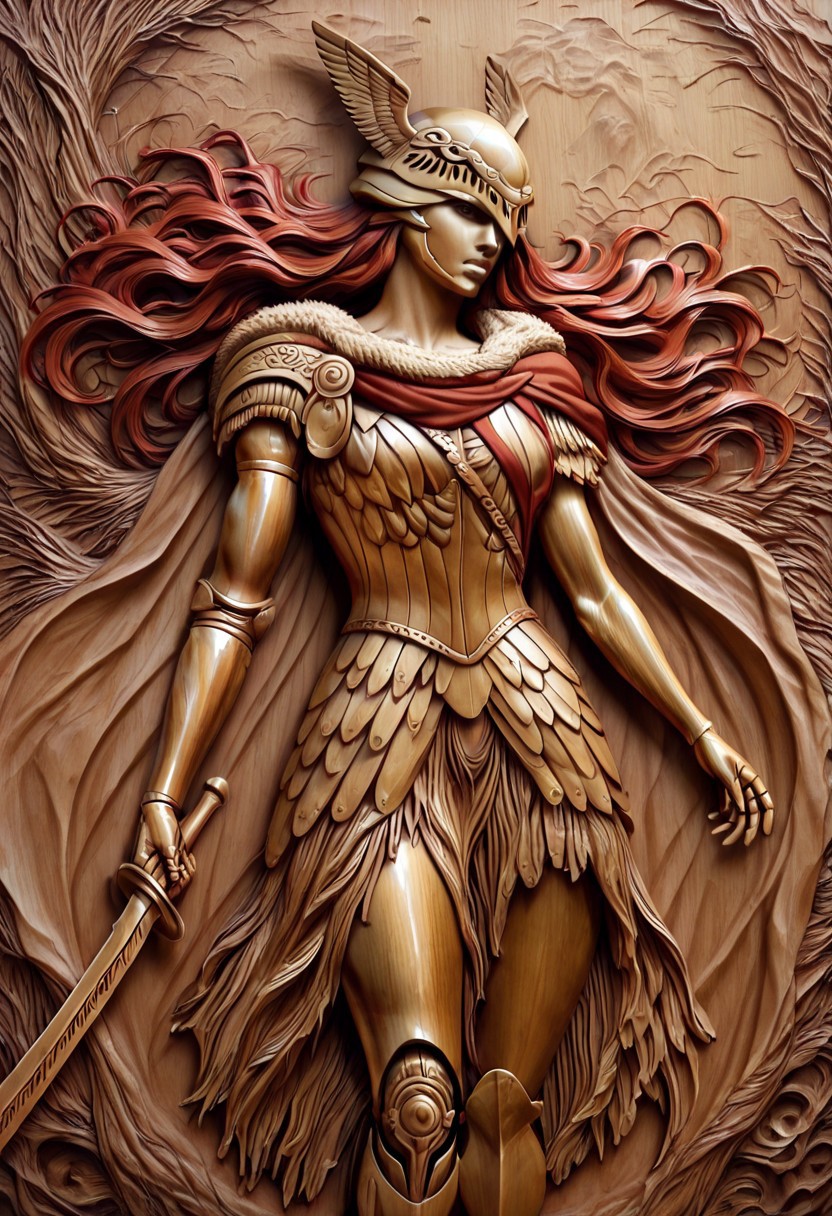masterpiece, best quality, newest, absurdres, highres, WCILV1.0, wood, wood carving (medium), realistic, brown theme, monochrome, 1girl, malenia blade of miquella, floating hair, red hair, long hair, prosthetic leg, armor, gold armor, winged helmet, armor, red cape, prosthetic arm, single mechanical arm, 
holding sword, sword, weapon, holding, holding weapon