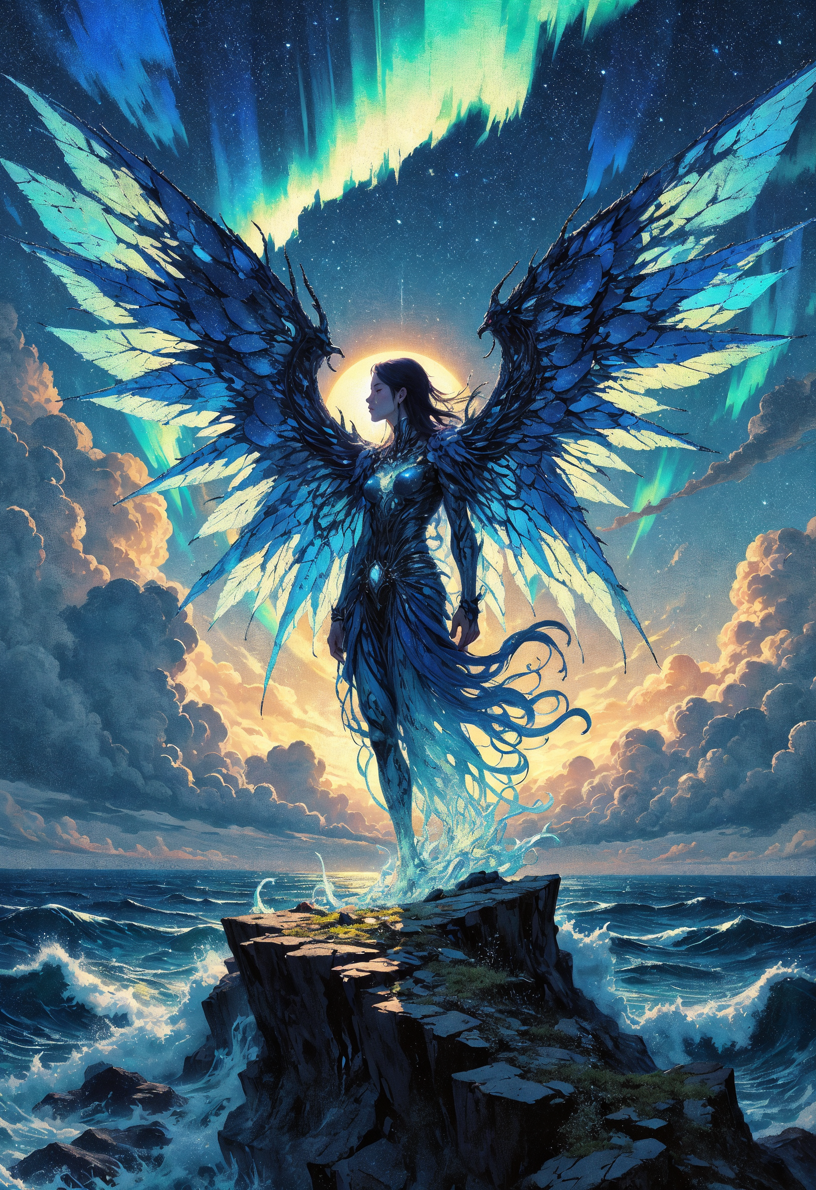 (in Otomo Katsuhiro style:1.2), masterpiece, high-quality, A spectral guardian with fragmented crystalline wings that reflect shifting shades of dusk, Her silhouette is only partly solid with segments dissolving into whirling particles, She stands on a cliff overlooking an endless ocean under an aurora sky, the waves appearing to pull towards her as if in reverence, dusk crystal, ocean spirits, aurora mist, (Stylized in surrealist impressionism with ethereal transparency and glowing edges:1.1), (elaborate fine details:1.1), (hyperdetailed:1.1), (intricate details:1.0), (Refined details:1.1), (best quality:1.1), (high resolution:1.2), <lora:FLUX\Anime v1.3:0.6> <lora:FLUX\VividlyReal:0.6> <lora:FLUX\FLUX-daubrez-DB4RZ:0.4>