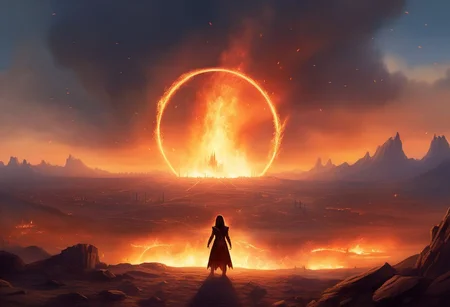 score_9, score_8_up, high quality, fire, 4k, fantasy setting, magic fire, 
massive, wide, scorched landscape littered with burned armor and weapons
kneeling in the middle of the wasteland is a, solo, silohuette of a tiny female sorceress with their hands held up to the sky with two concentric horizontal rings of fire above them destroying everything