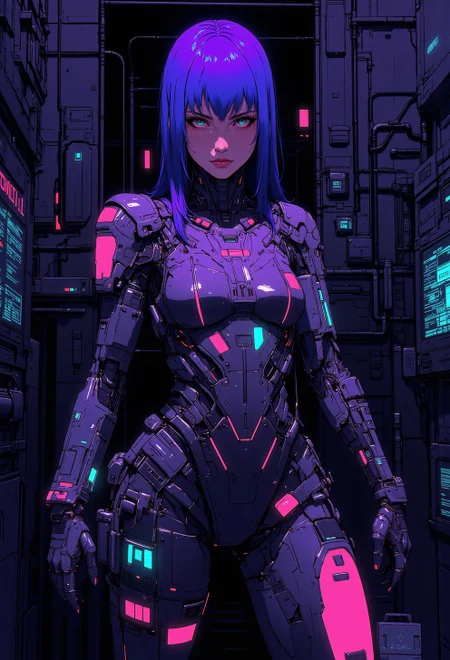 <lora:ck-nc-luminal-genesis:1>, A digital anime artwork in the style of cklg, a cyberpunk humanoid woman with a shiny reflective intricate shiny mechanical high tech component bodysuit, neonpunk, (looking mysteriously at the viewer, eye contact), direct eye contact. a scanner scans the viewer, hunter, nistyle
in a hacker room, stealing hard disk drives
<lora:ck-Sci-Fi-Concepts:0.3>
<lora:flux.1_lora_flyway_Epic-detail_v2:0.6>
<lora:CPA:0.5>
<lora:test2:0.7>
<lora:Anime v1.3:0.2>