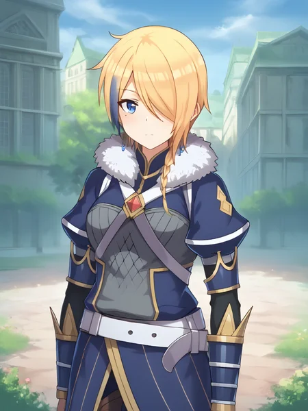 score_9, score_8_up, score_7_up, Details, Captivating Details, intricate Details, Max Details, Detailed, BREAK , <lora:Claire_Konosuba_Fantastic_Days:0.8>, claire-liver020-wattpad, solo, 1girl, blonde hair, blue hair, hair over one eye, multicolored hair, blue eyes, armor, short hair, mole, mole under eye, fur trim, braid, jewelry, streaked hair, earrings, belt