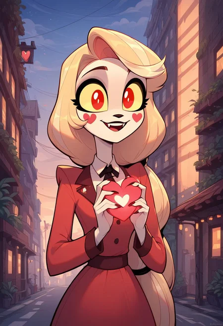 masterpiece, score_9_up, score_8_up, score_7_up, score_6_up, score_5_up, source_furry, rating_safe, (best quality:1.1), ultra-detailed, high resolution, solo, highly detailed macro illustration, xcharliex, blonde hair, low-tied long hair, yellow sclera, red eyes, dress, outside, (((beautiful detailed eyes))), sunset, standing in the middle of a crosswalk, (holding giant heart:1.4), Highly Visible, ((8k)), sharp focus, perfect lighting, anatomically correct, extremely detailed, cute face, city street, high detail, Expressiveh, detailed background, OverallDetail, zPDXL2