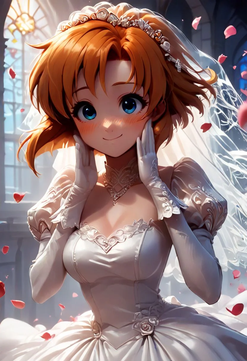 score_9, score_8_up, score_7_up, score_6_up, score_5_up, score_4_up, rena ryuuguu, orange hair, short hair, blue eyes, medium breasts, thick thighs, cute_pose, anime_source, wedding dress, lace trim, choker, necklace, long dress, lace gloves, juliet sleeves, long sleeves, church,falling flower petals and feathers, the sun illuminates from top to bottom, extremely cute, blush, perfecteyes, jewelry, cute smile , floating hair,