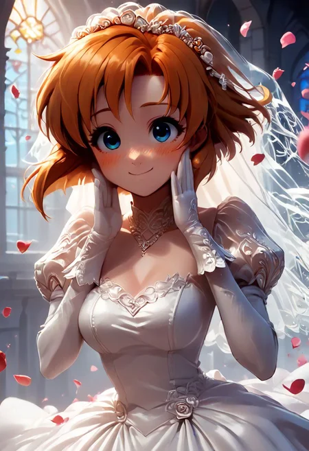 score_9, score_8_up, score_7_up, score_6_up, score_5_up, score_4_up, rena ryuuguu, orange hair, short hair, blue eyes, medium breasts, thick thighs, cute_pose, anime_source, wedding dress, lace trim, choker, necklace, long dress, lace gloves, juliet sleeves, long sleeves, church,falling flower petals and feathers, the sun illuminates from top to bottom, extremely cute, blush, perfecteyes, jewelry, cute smile , floating hair,