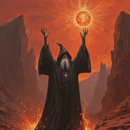 dark fantasy art style, a painting of wizard in a black robe with arms raised, summoning a bright orb of light against a fiery red sky, dark rocky landscape. Epic, magical power, grainy, painterly texture