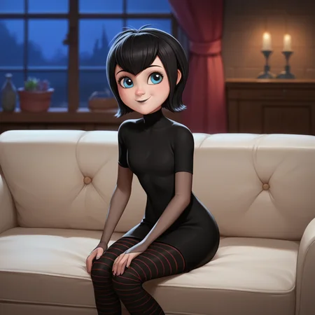 score_9_up, score_8_up, BREAK, MAVISDRACULA, 1girl, solo, black hair, short hair, blue eyes, lipstick, black dress, striped pantyhose, smile, depth of field, <lora:MavisDracula_PXL_Leaf1:0.8>, closed mouth, sitting on couch, indoors, night,