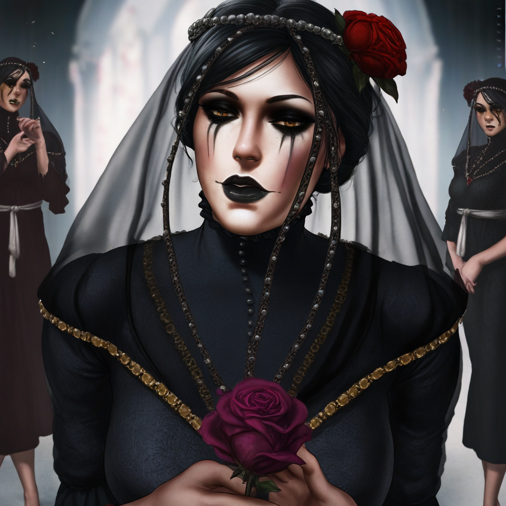 masterpiece, best quality, newest, absurdres, highres, dandon_fuga, 1girl, solo, solo focus, IVEV1.1, makeup, black lipstick, eyeshadow, smeared makeup,  jewelry, veil, dress IVEV1.1-mainoutfit, veil, dress, black dress, makeup, black lipstick, eyeshadow, smeared makeup, dress, hair flower, rose, hair ornament,