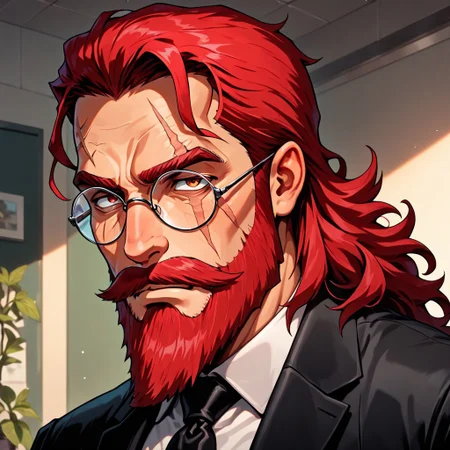 masterpiece, best quality, newest, absurdres, highres, FCMXV1.0, 1boy, glasses, red hair, suit, round glasses, beard, facial hair, mustache, scar, scars on face