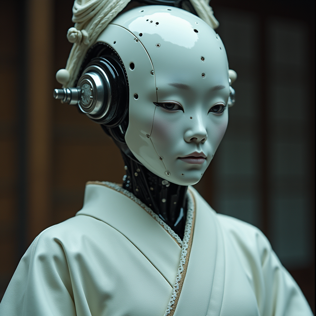 [android ghost in the shell robot face|geisha:0.1] (perfect organic white ceramic android materials:1.3),(mechanical seams:1.6),, (Geisha makeup:1.8), (traditional geisha clothes:1.9), (Chris Cunningham:1.35)
style by Yuri Shwedoff,Robert Zemeckis, Kim Ki-Duk, (by Tony Conrad) ,Biopunk, (by Hito Steyerl), shallow depth of field, vignette,  (Fujicolor Superia X-TRA 400) (Light tracing) (Dramatic lighting)