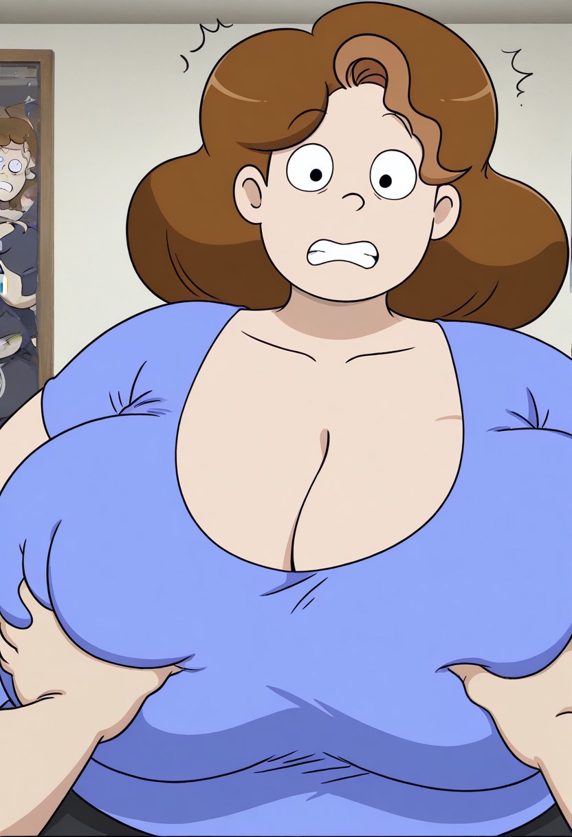 official art,art accurate,screencap,accurate,1female,solo
looking at viewer
,black eyes,dot eyes,black dot eyes,,,,,,,huge breasts,bbw,fat,brown hair,plump
blue shirt,cleavage,black pants,looking at viewer, breast grab),  grab, deep skin, shocked,confused, surprised,scared,clenched teeth, bedroom, looking at viewer, upper body, 1boy, breast grab by another