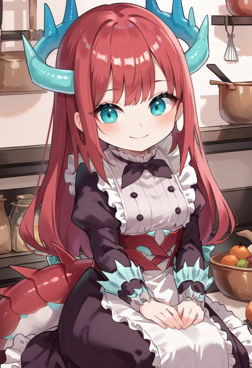 (score_9:0.9),score_8_up,score_7_up,rating_safe,anime style,(zPDXL),<lora:Kitchen Dragonmaid ponyXL v1:0.7>,kitchen dragonmaid,chibi,1girl,maid clothes,smile,solo,sitting,blush,