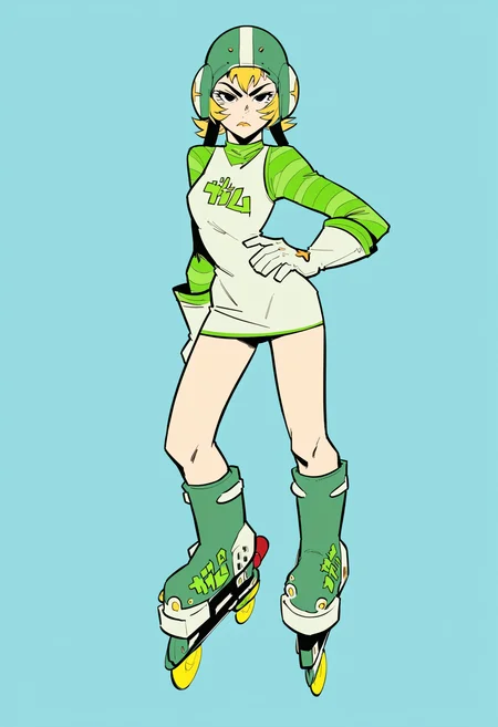 score_9, score_8_up, score_7_up, score_6_up, score_5_up, score_4_up, BREAK
1girl, solo, gum_jsr, helmet, short dress, roller skates, blonde hair, inline skates, roller skates, dress, short hair, striped, striped sleeves, white gloves, expressionless, simple background, looking at viewer, hand on own hip, pointing at viewer, 
<lora:gum_jsr:1>  <lora:mizurusketch:0.8>