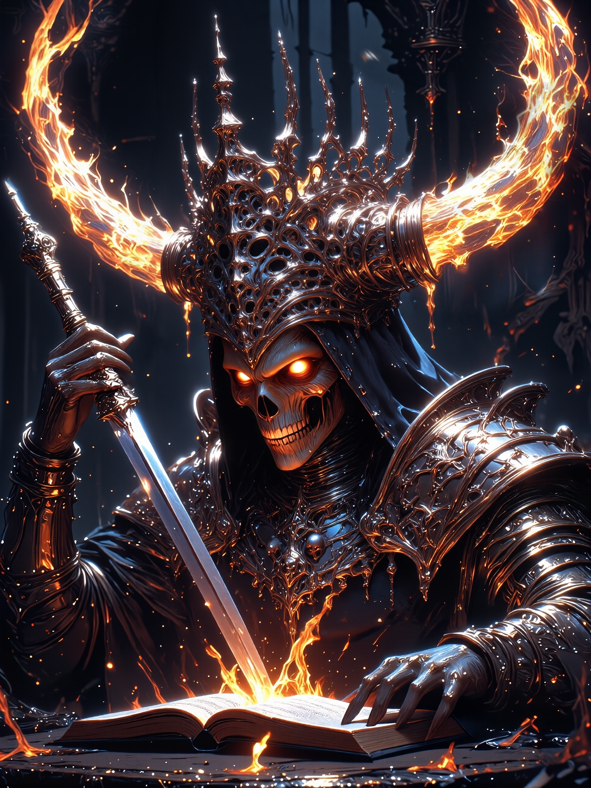 famous fantasy painting, highly aesthetic, at night, dim lighting, high resolution, hyper realistic, uhd, 8k, 4k, beautiful, dramatic, epic, dynamic composition, accurate, living in the night, 'neath devils torn asunder, you call on me to solve a crooked rhyme, as i'm closing in imposing on your slumber, you call on me as bells begin to chime, are you on the square? are you on the level?, are you ready to swear right here, right now before the devil? flesh-bound grimoire, ancient evil, endless abyss, arcane energies, gibbering horrors, arcane runes, twisting shadows, gravity-defying architecture, lovecraftian, cthulhu mythos, ovg, mythp0rt, hkdeath, <lora:style-mythic_fantasy-v2-flux-by_velvets:0.68> <lora:living_death-flux-by_hailoknight:0.92> <lora:epic_gorgeous_details-balance-flux-by_flyway:0.68> <lora:image_enhancer-flux-by_dever:0.68>