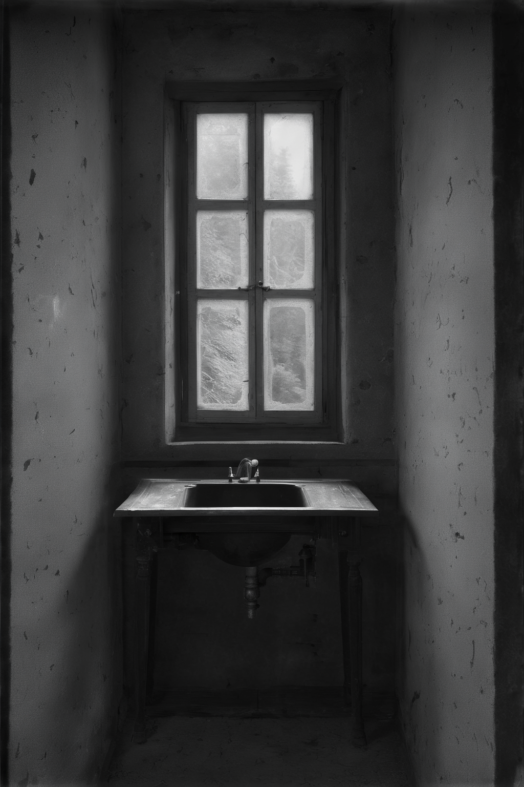 <lora:Photographer Elena Helfrecht Style:1>Photographer Elena Helfrecht Style - a black and white photo of a room with a sink and a window