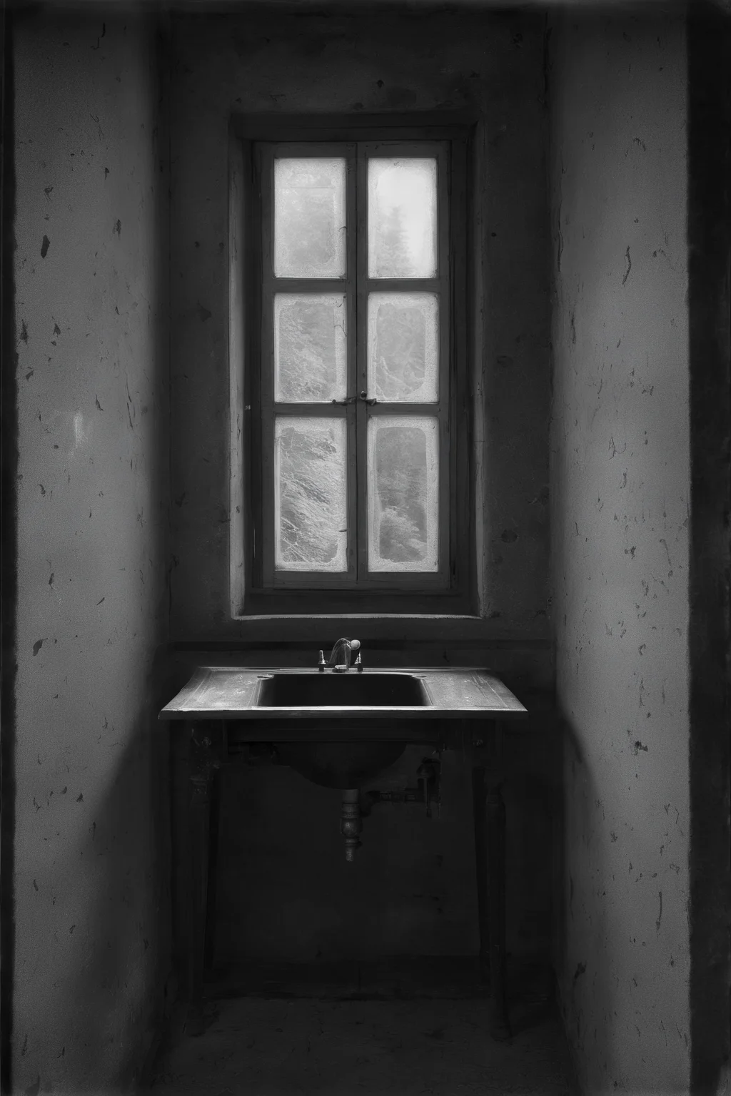 <lora:Photographer Elena Helfrecht Style:1>Photographer Elena Helfrecht Style - a black and white photo of a room with a sink and a window